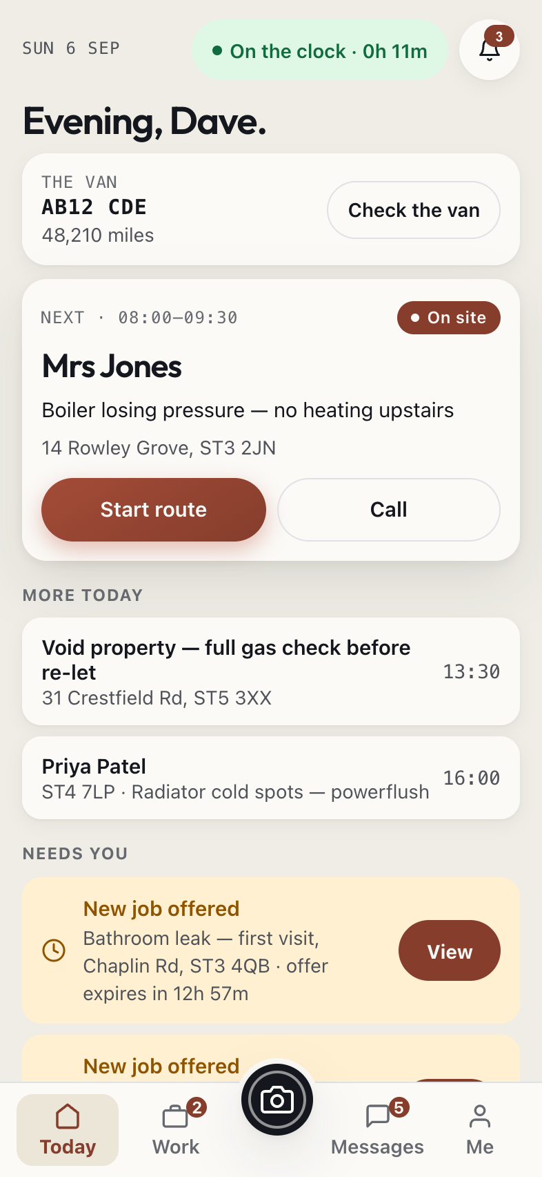 The crew app, Today screen — on the clock, the van, and the next job: Mrs Jones, boiler losing pressure, 08:00 to 09:30, Start route and Call